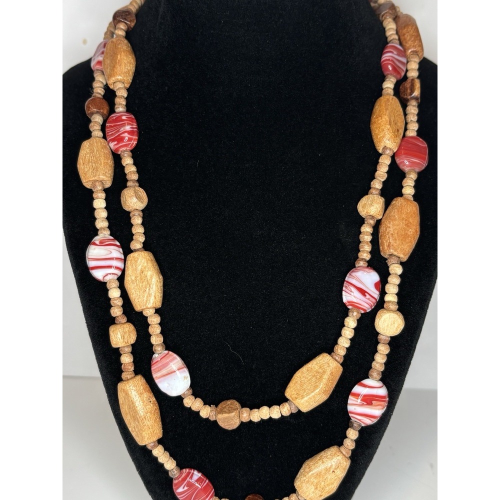 Vintage 42" Wood & Red Swirl Glass Bead Long Boho Necklace Earthy Statement